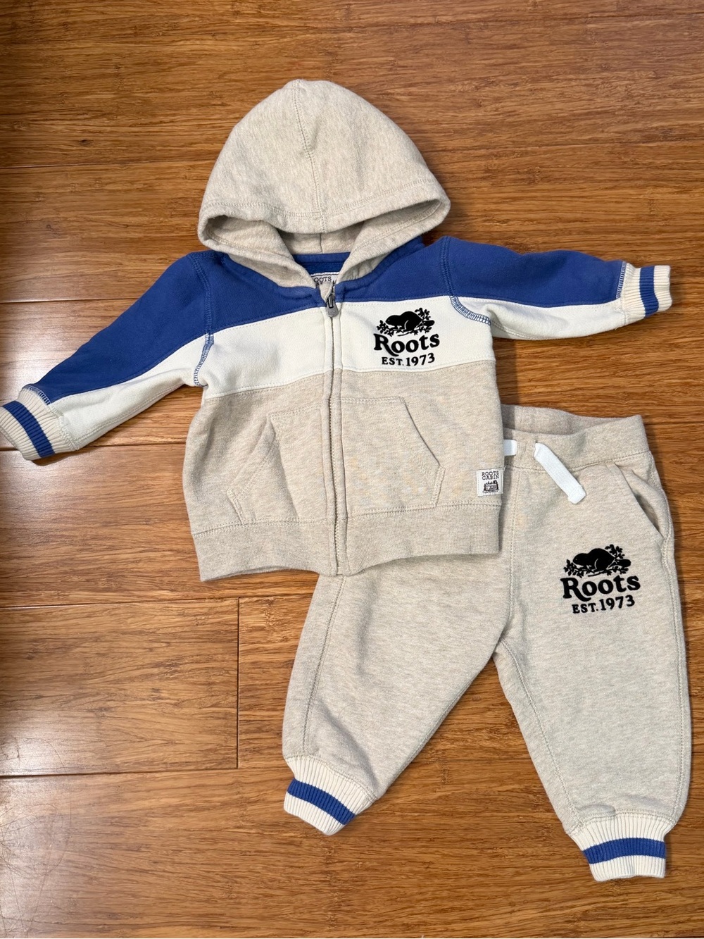 Roots Kids Beige & Blue Zip Hoodie Jogger Set